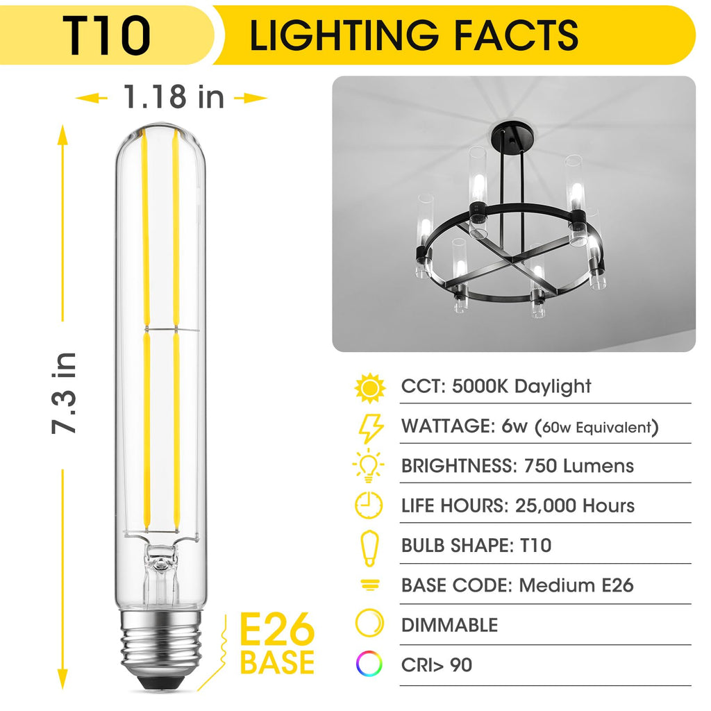 Gozelux 7.3 Inch Long Tubular Vintage LED Edison Bulbs, 6W, Equivalent 60W, High Brightness Daylight 5000K, T10 LED Filament Bulbs with 90+ CRI, E26 Medium Base, Dimmable, Clear Glass, Pack of 6