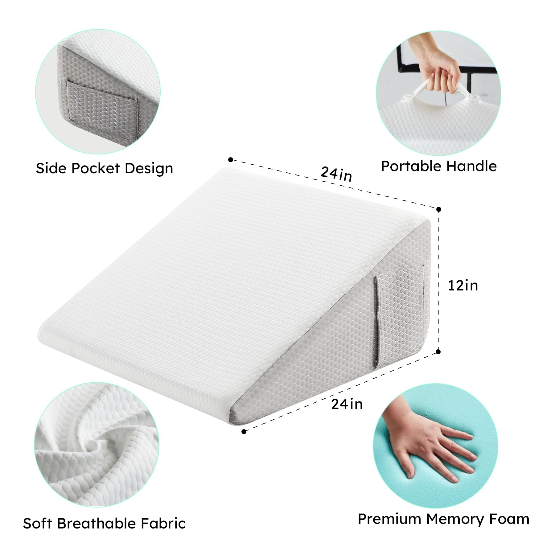 Bedluxe Wedge Pillow, 12 inch Bed Wedge Pillow for Headboard, Pillow Wedge for Acid Reflux Relief, Sleeping, After Surgery, Snoring, Gerd, Triangle Pillow Wedge - Cooling Memory Foam Top, White/Grey