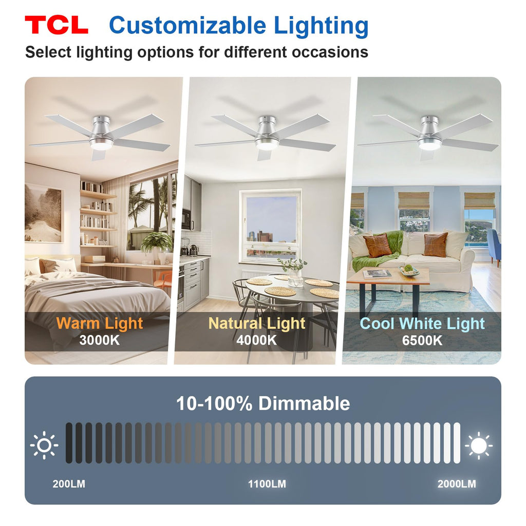 TCL 52" Ceiling Fan with Lights, Silver Flush Mount, 5 Blade Low Profile, 6 Speeds DC Reversible, Dimmable, Modern for Bedroom, Living Room and Garage