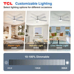 TCL 52" Ceiling Fan with Lights, Silver Flush Mount, 5 Blade Low Profile, 6 Speeds DC Reversible, Dimmable, Modern for Bedroom, Living Room and Garage