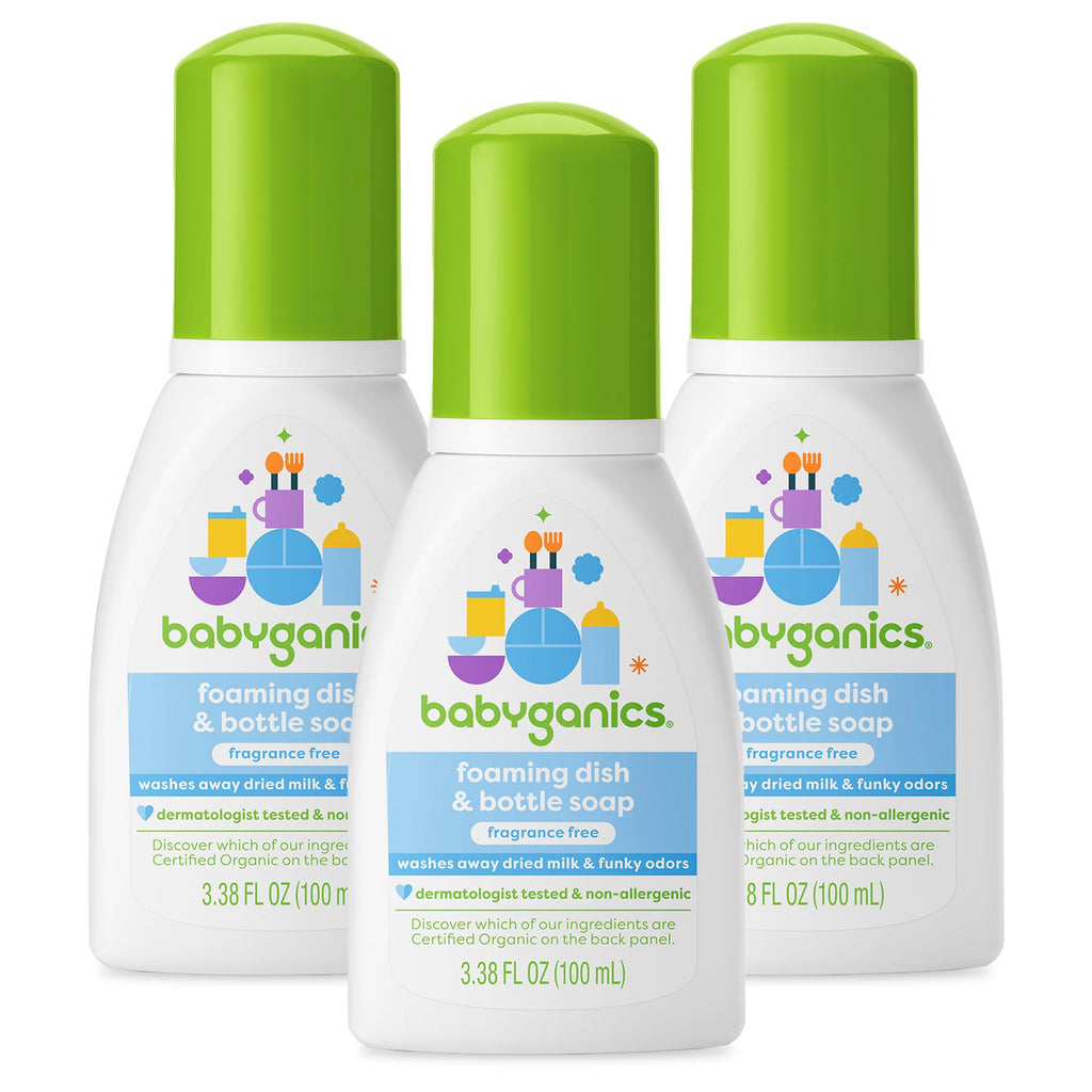 Babyganics Foaming Dish & Bottle Soap for Travel, Fragrance Free, Removes Dried Milk, Packaging May Vary, 3.38 Fl Oz (Pack of 3)