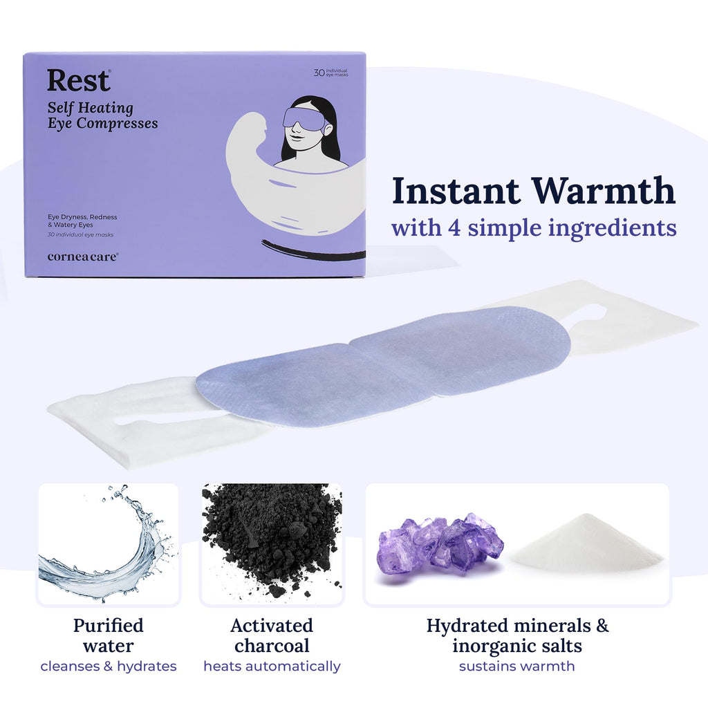 CorneaCare Rest: Self Heating Warm Compress for Dry Eyes | Heated Eye Mask for Fast Relief | Steam Mask for Stye Treatment | No Microwave or Washcloth Needed | Travel Ready Warm Compress | 30 Count