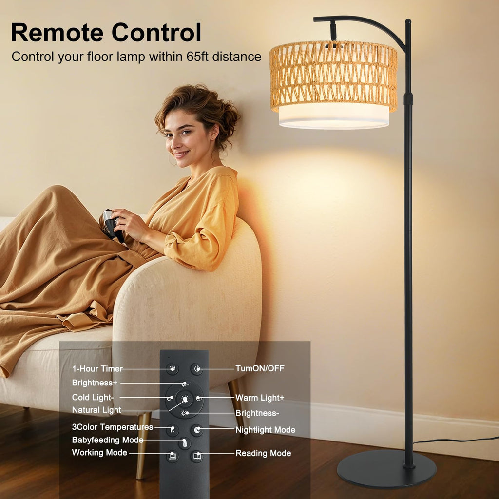 DRAWNCAT Rustic Black Farmhouse Floor Lamp with Woven Rattan Shade - 12W LED, Remote & Dimmable 3-Color Temp, Tall Standing Lamp for Living Room