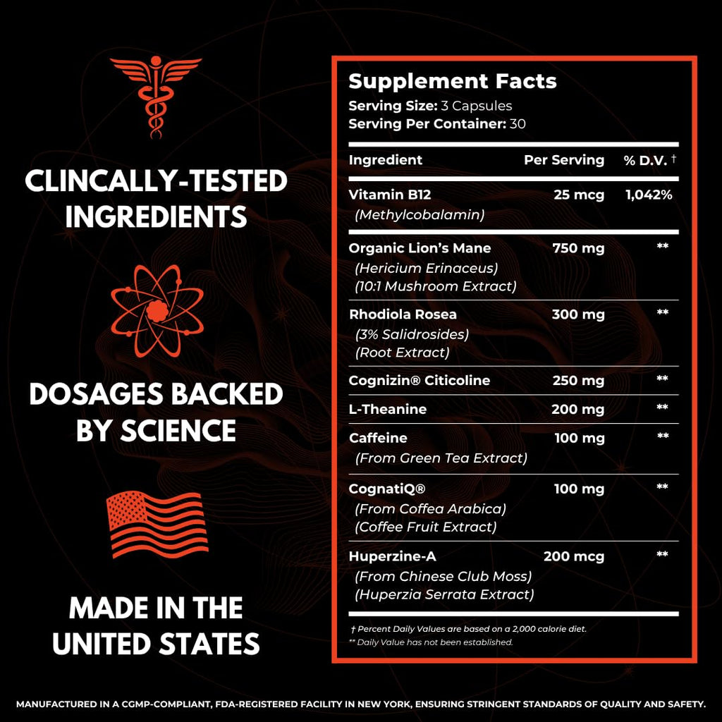 Advanced Focus Supplement Nootropic Brain Supplements for Memory and Focus | Lion's Mane, Caffeine, L-Theanine, and 5 Additional Natural Ingredients to Improve Cognitive Health & Energy (90 Capsules)