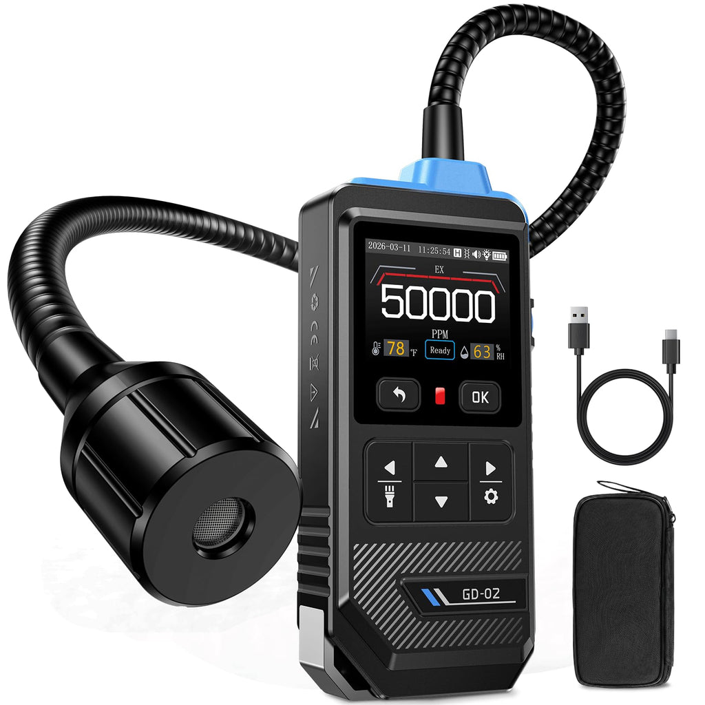 FNIRSI GD-02 Natural Gas Detector, Methane, Propane & Isobutane with 14-Inch Flexible Gooseneck, Combustible Gas Detector for Audible, Visual & Tactile Triple Alarm, Rechargeable Battery