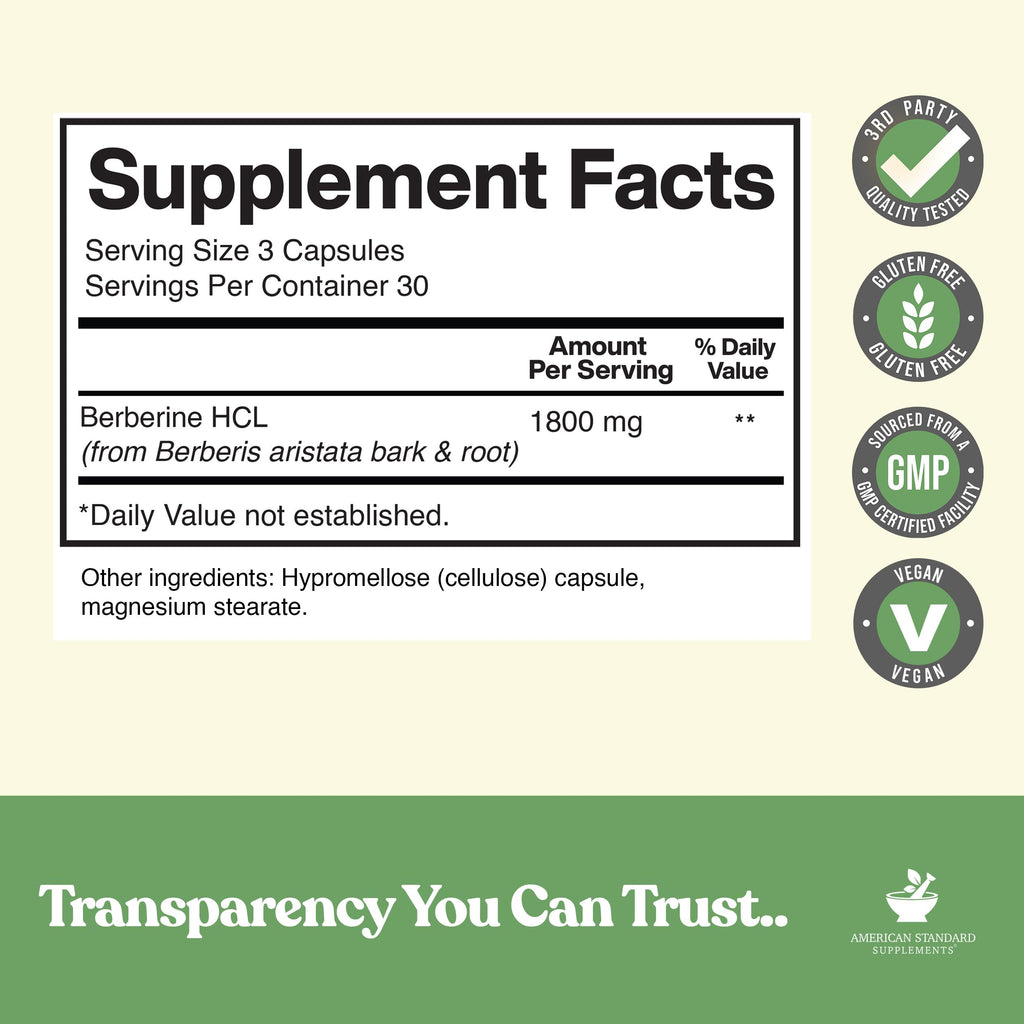 American Standard Supplements Berberine Capsules 1800mg Per Serving, 90 Veggie Capsules