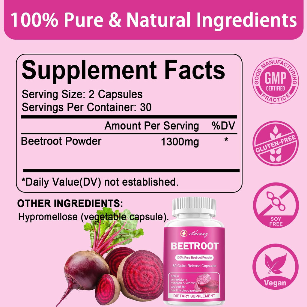 Beet Root Capsules - 1300mg Organic Pure Beetroot Beets Powder 60 Capsules-30 Days Supply | Natural & Vegan Supplement