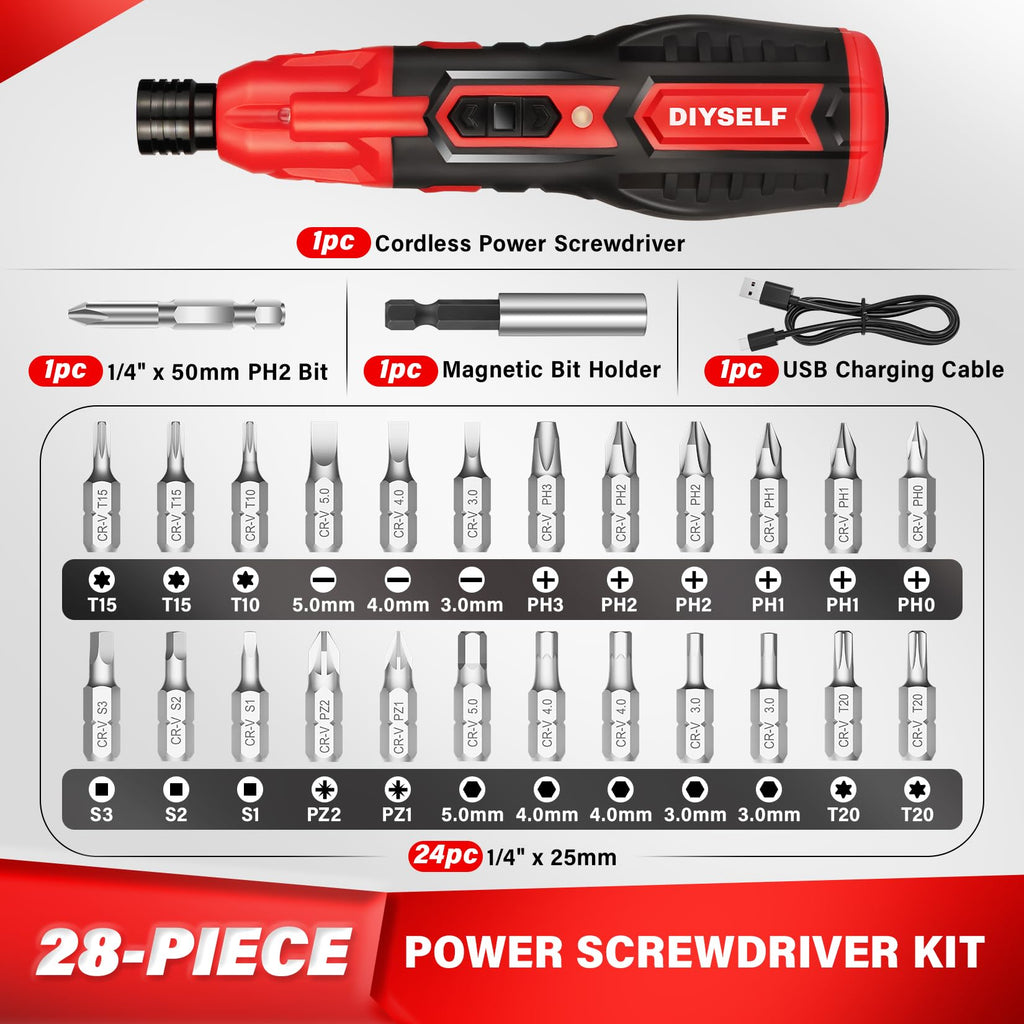 DIYSELF Power Screwdriver, 3.7V Screwdriver with LED, Includes 25 Bits, USB Charging Cable, Mini Precision Electric Screwdriver Cordless Rechargeable Set for Electronics, Gift for Men Dad Husband