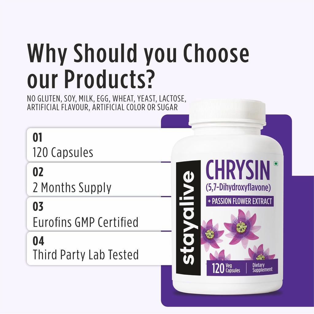 STAY ALIVE Chrysin Supplement 500mg & Passion Flower Extract Powder, 5,7-Dihydroxyflavone, Non-GMO and Gluten-Free Chrysin for Men and Women, 120 Capsules