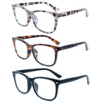 FEIVSN 3 Pack Bifocal Reading Glasses for Women Men Bi-focal Readers PC Frame Fixed Hinge Dual Focal Clear Top Eyewear, +1.75