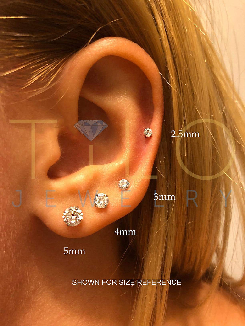 14k White Gold Solitaire Round Cubic Zirconia Stud Earrings Screw-back 3mm