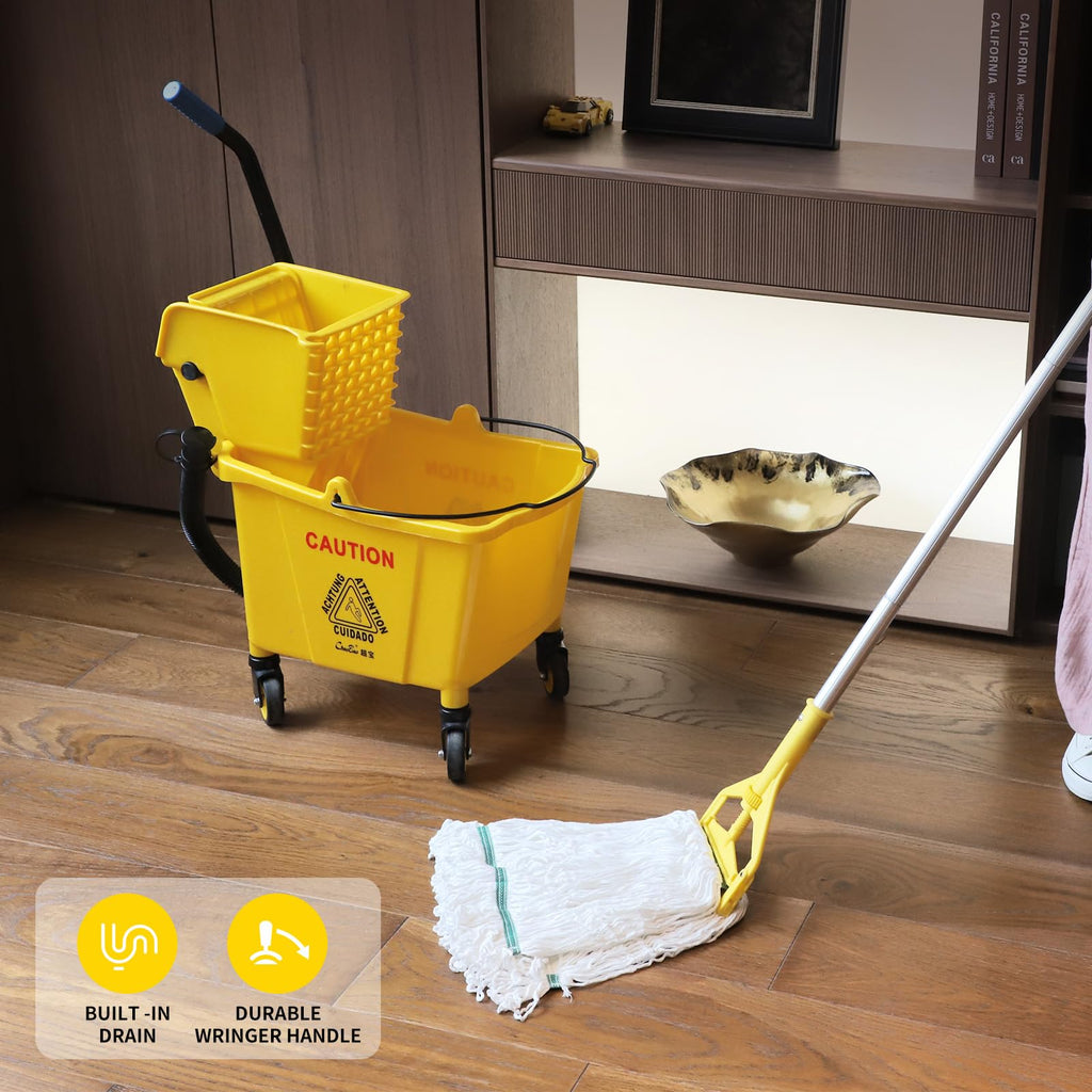 35Qt Commercial Mop Bucket with Side Press Wringer on Wheels and Drain Hose