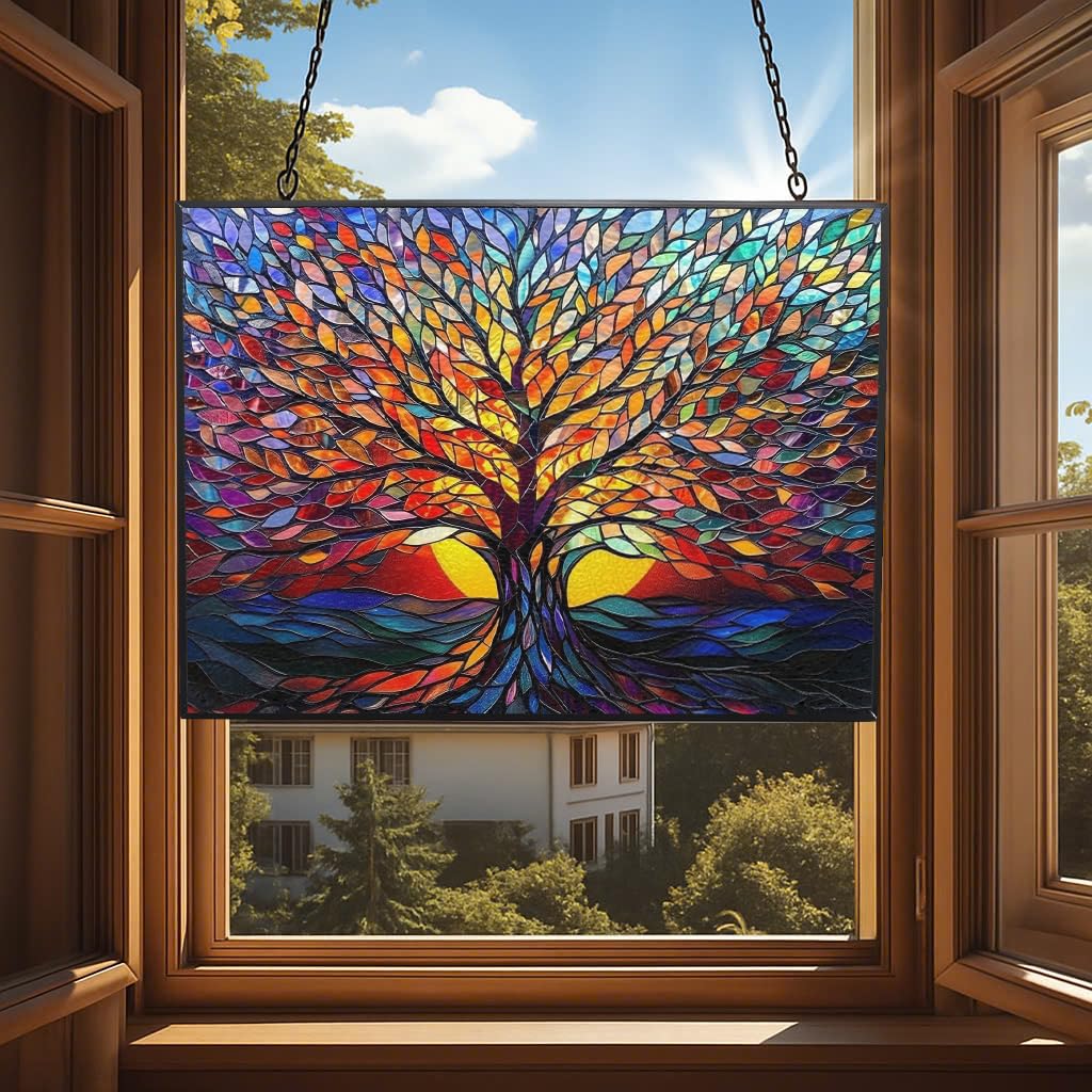 HYPESTYLE Rectangle Tree of Life Stained Glass Window Hanging Window Suncatcher Glass Panel with Metal Chain Sun Catchers Wall Art Home Decor Gift for Women Mother's Day