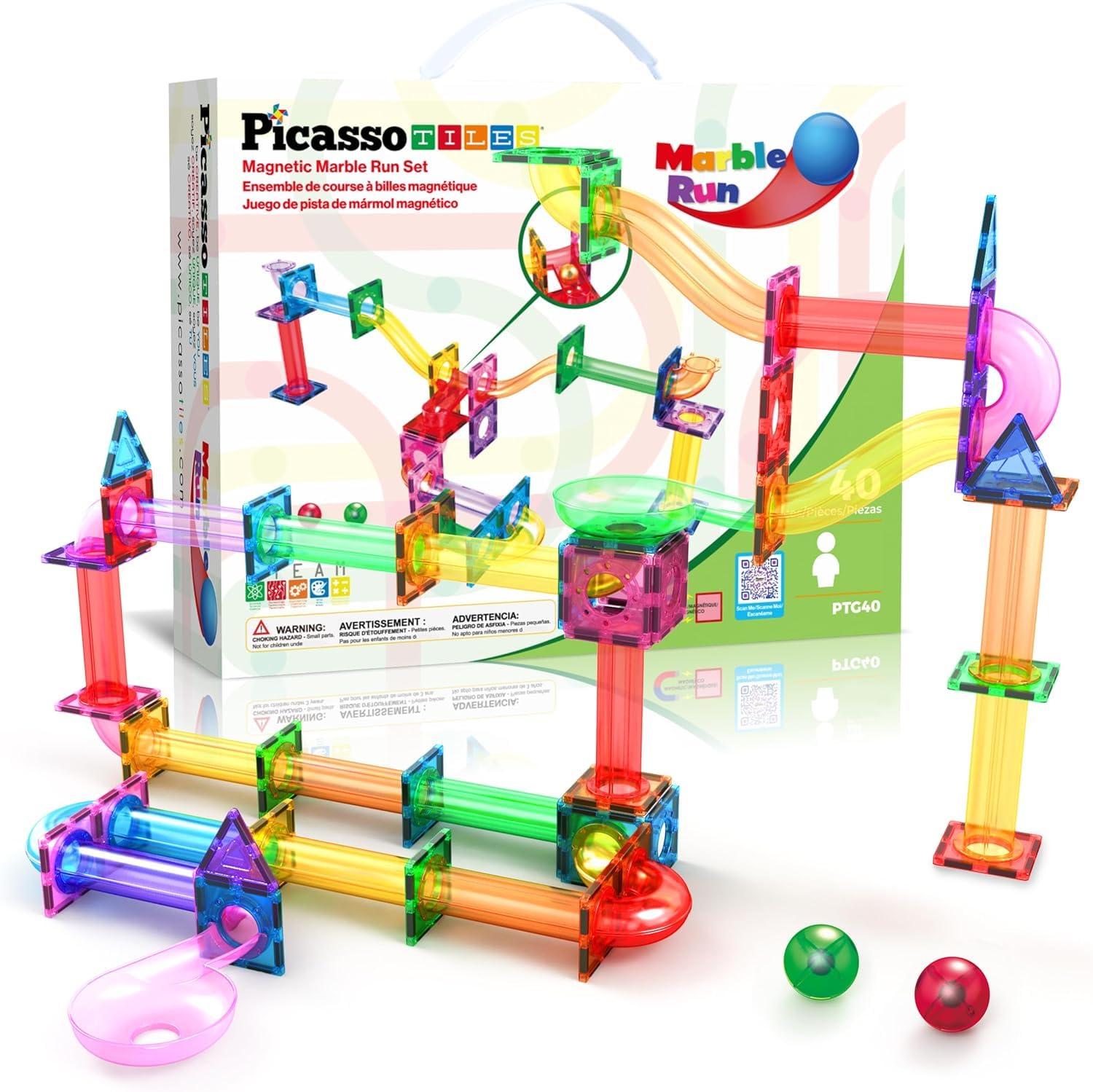 PicassoTiles Magnetic Tiles Marble Run Building Blocks Rainbow Color with Slide Drop Funnels Tubes STEM Educational Toy Set Compatible Durable Construction Kit for Kids Age 3+ Preschool Learning PTG40