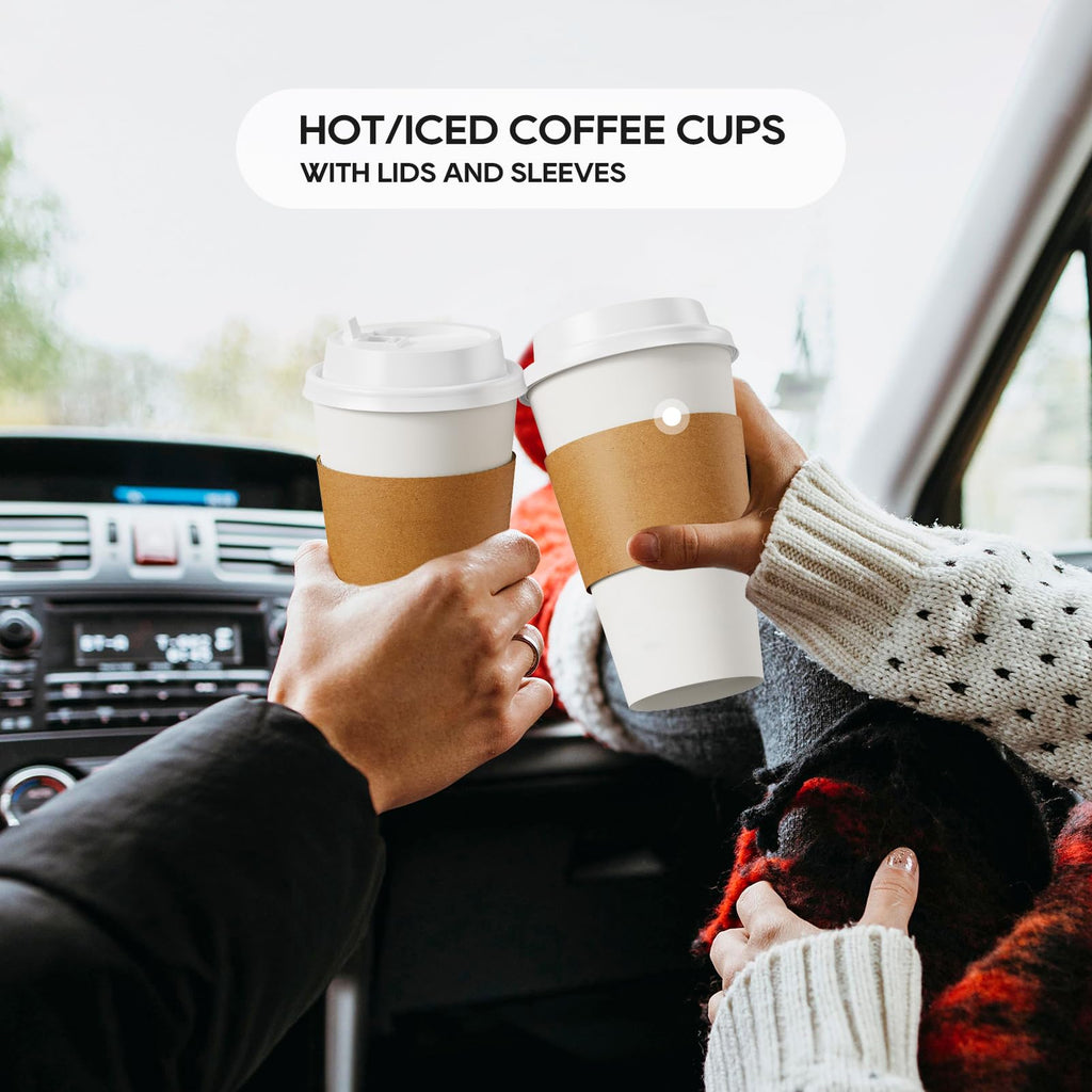 JOLLY PARTY [100 Pack] 16 oz Paper Coffee Cups, Disposable Paper Coffee Cup with Lids, Sleeves, and Stirrers, Hot/Cold Beverage Drinking Cup for Water, Juice or Tea, Suitable for Home,Shops and Cafes