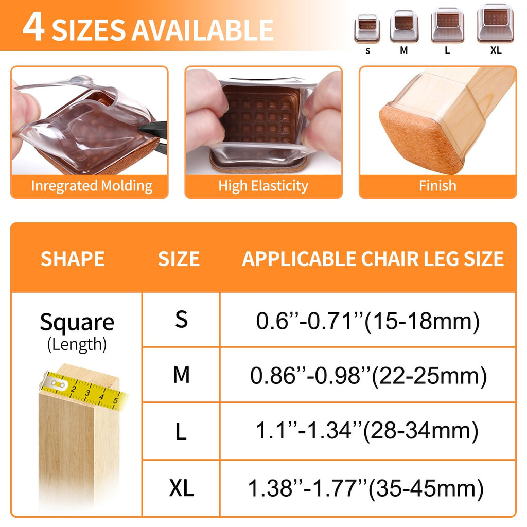 Ezprotekt 24 Pcs Clear Square Chair Leg Floor Protectors with Felt, Silicone Felt Furniture Pads for Hardwood Floor, Dining Table Leg Caps Covers No Scratches and Noise (L Fit: 1.1" - 1.34")