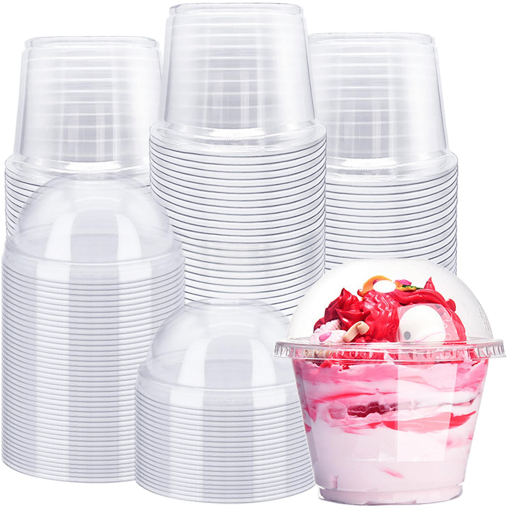Alaeseje 100 Pack 8oz Disposable Clear Plastic Cups with Dome Lids(Hole in the Lid),PET Dessert Cups,Disposable Snack Bowls for Ice Cream,Cake,Fruit,Parfait, Pudding and Jello Shot