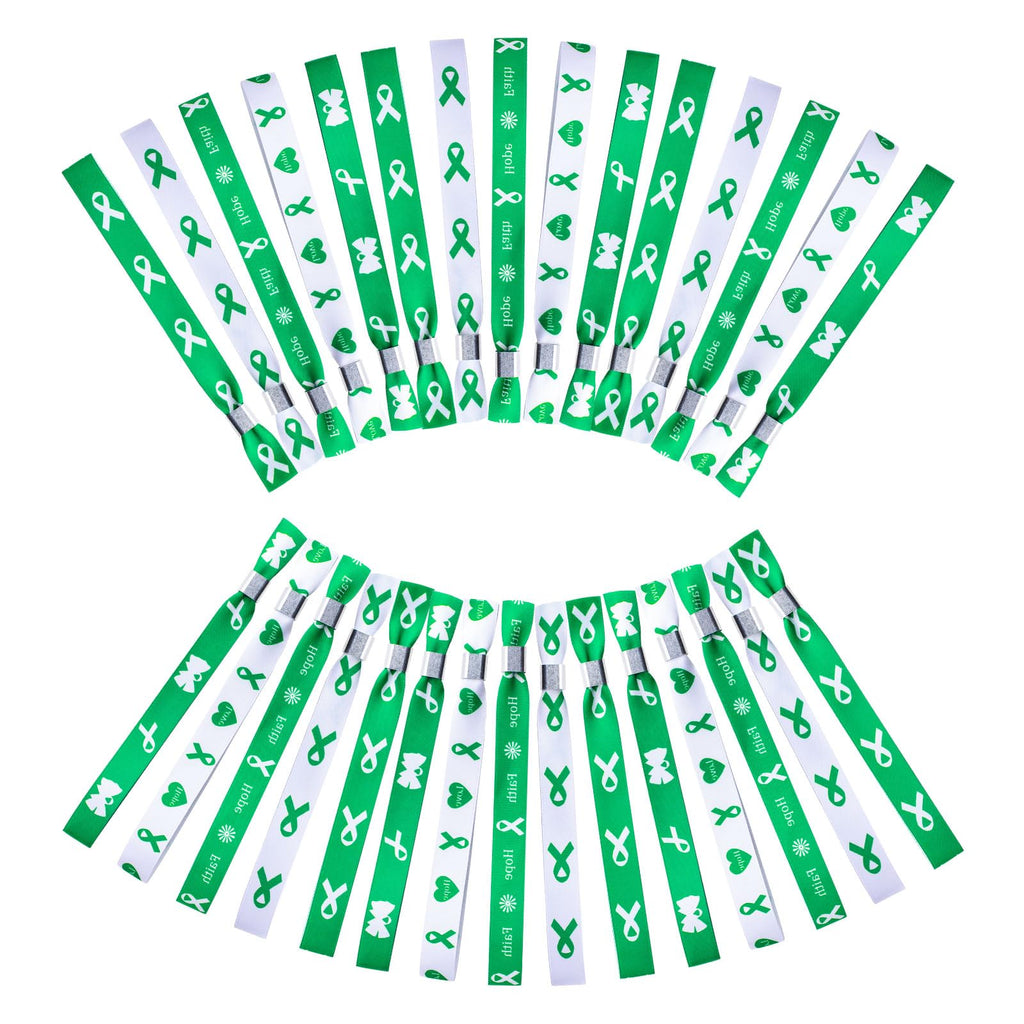 WANDIC Green Ribbon Bracelets, 30 Pcs 5 Styles Mental Health Liver Cancer Awareness Wristbands Adjustable Polyester Wrist Strap Hope Wrist Bands for Public Event, 6.89*0.59in, Polyester, no gemstone