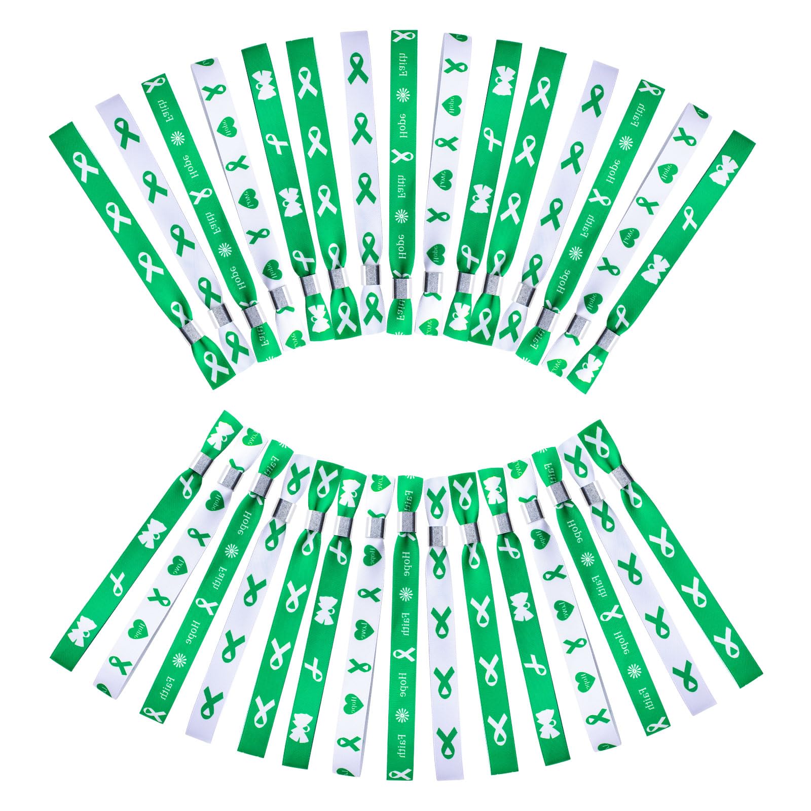 WANDIC Green Ribbon Bracelets, 30 Pcs 5 Styles Mental Health Liver Cancer Awareness Wristbands Adjustable Polyester Wrist Strap Hope Wrist Bands for Public Event, 6.89*0.59in, Polyester, no gemstone