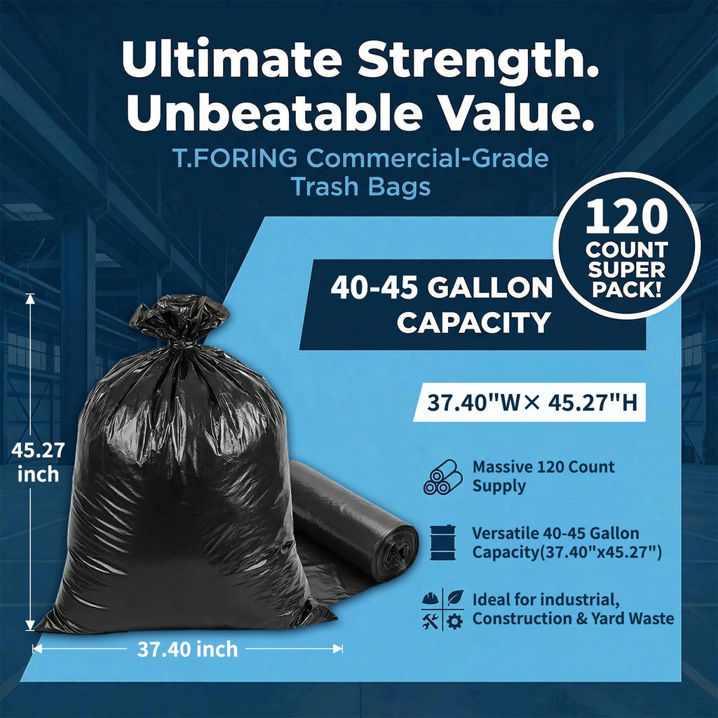 T.FORING 40-45 Gallon Trash Bags Unscented, 35'' x 40'', Black, 120 Count