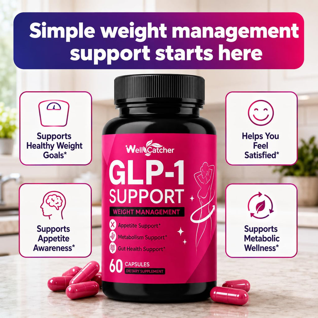 Wellcatcher GLP-1 Support Supplement for Women Men, Weight Management Capsules with Berberine, L-Glutamine, 5-HTP & Saffron, Appetite Cravings Metabolism Gut Health Support, 60 Capsules