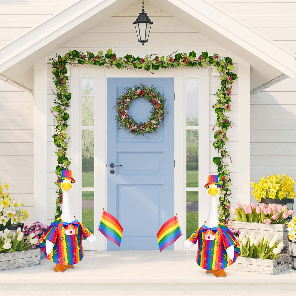 Rainbow Pride Goose Outfit Porch Goose Pride Outfits LGBTQ Goose Outfit with Love Print Rainbow Clothes Hat Bow Flag Fits 23'' Geese Statue for Pride Month Indoor Outdoor Garden Lawn Patio Yard Decor