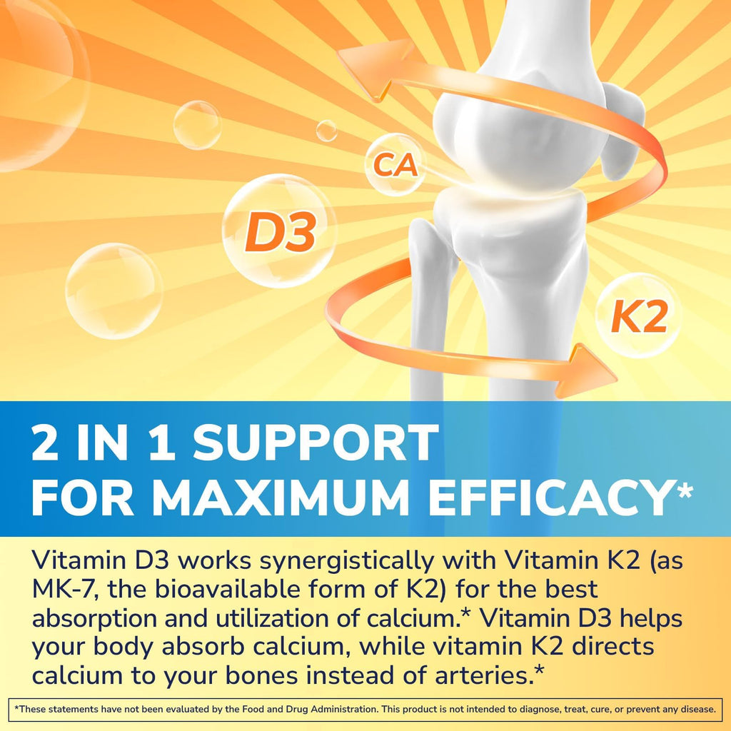 Vitalibre Vitamin D3 K2 Supplement, 10000 IU D3 / 200 mcg K2 MK7, Calcium Absorption, Bone, Heart, Immune & Mood Support, Enhanced Absorption, No Soy, Easy to Swallow, 180 Softgels