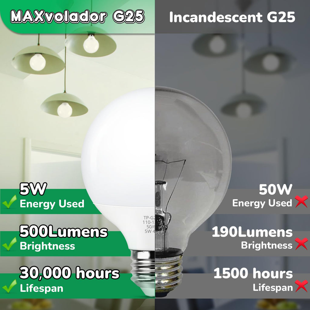 MAXvolador G25 LED Globe Light Bulbs Neutral White 4000K, Round Vanity Light Bulb 60W Equivalent, E26 Base Bathroom Mirror Light Bulbs, 500LM, Non-Dimmable, 8-Pack