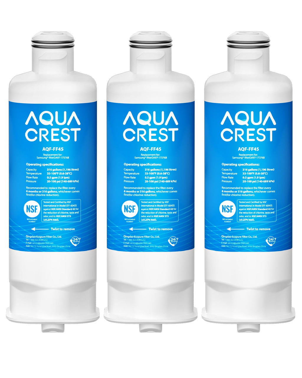 AQUA CREST AQF-FF45 Replacement for Samsung® DA97-17376B, DA97-08006C, HAF-QIN/EXP, RS27T5200SR, RF28T5001SR, RF24R7201SR, RF28R6201SR, Refrigerator Water Filter, 3 Pack