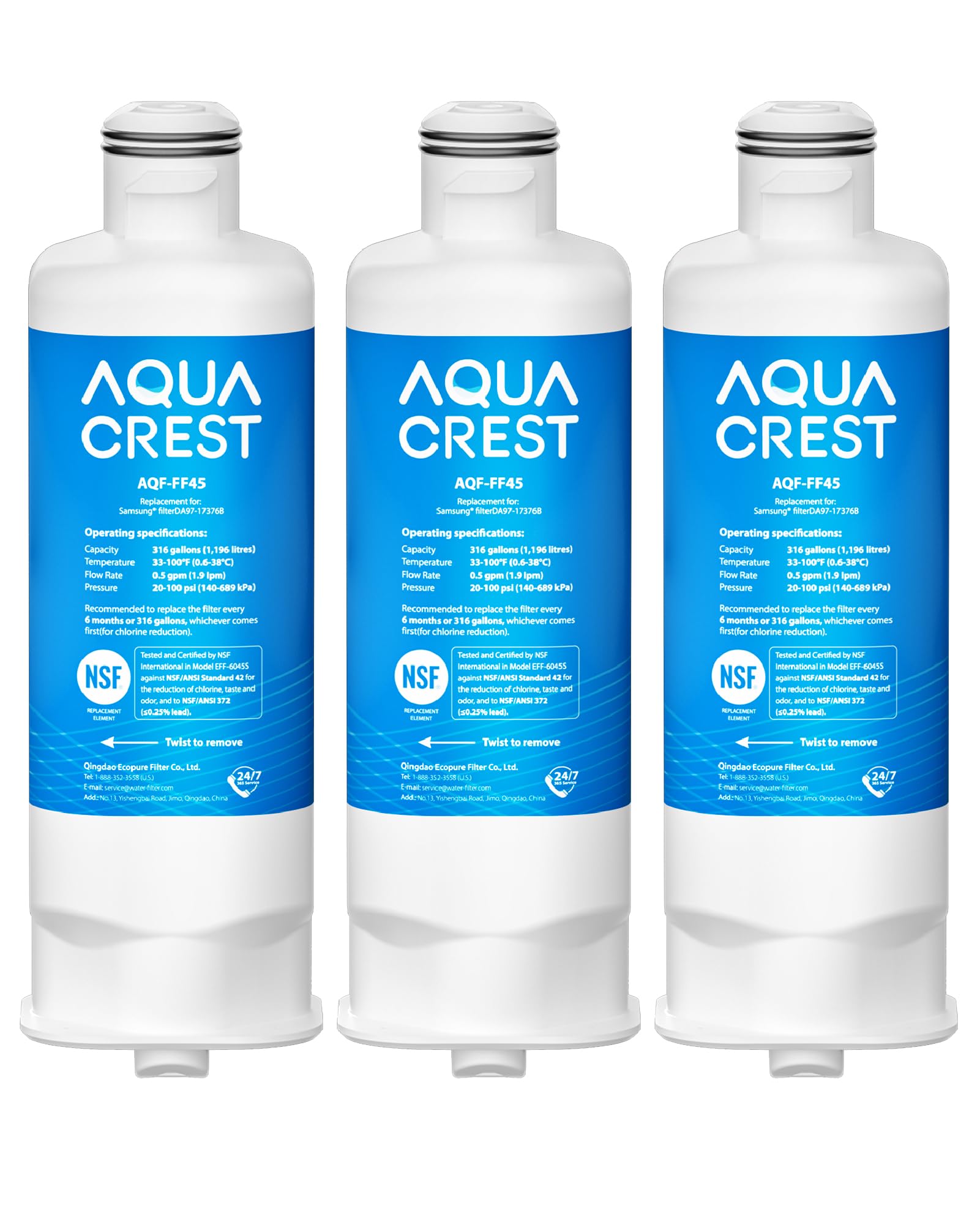 AQUA CREST AQF-FF45 Replacement for Samsung® DA97-17376B, DA97-08006C, HAF-QIN/EXP, RS27T5200SR, RF28T5001SR, RF24R7201SR, RF28R6201SR, Refrigerator Water Filter, 3 Pack