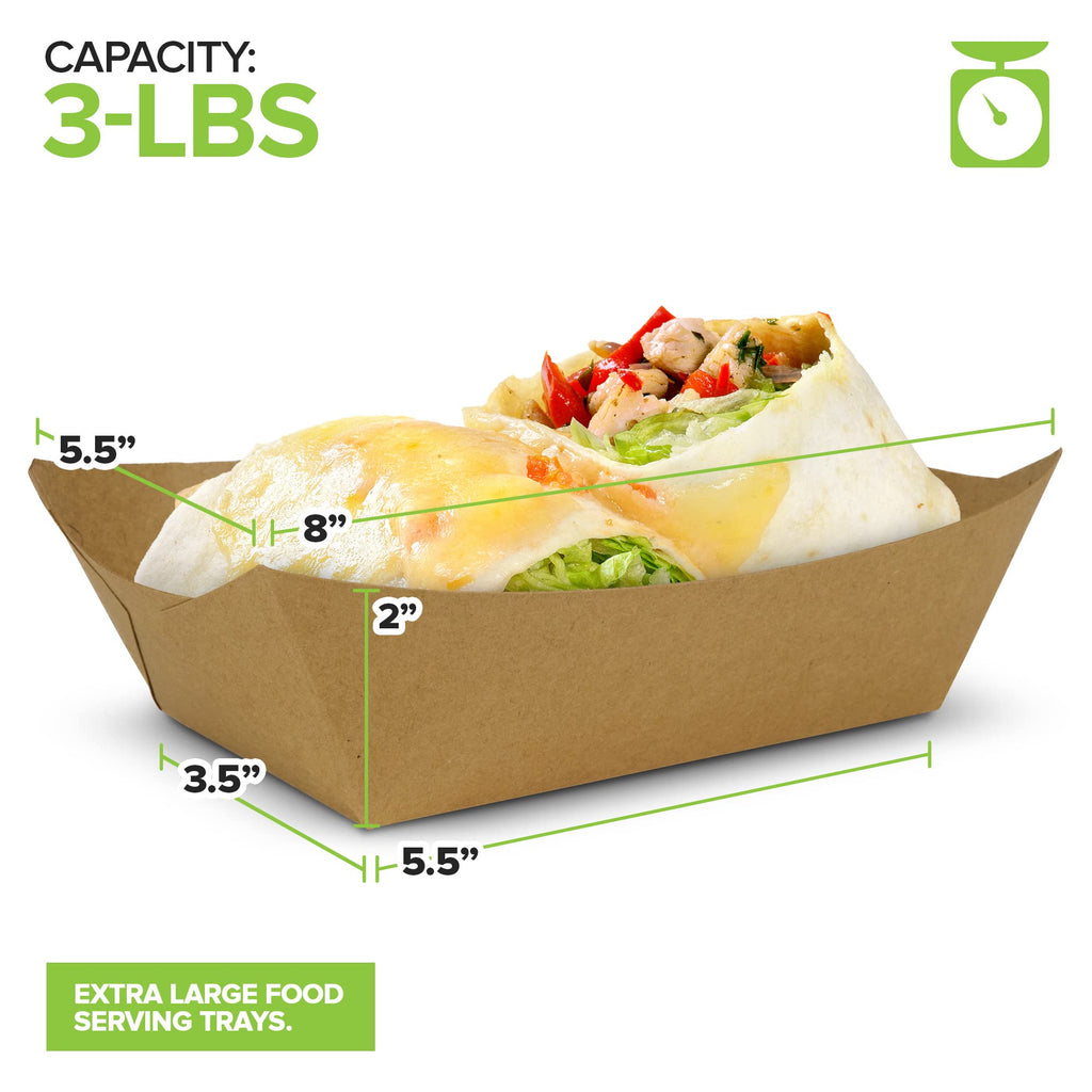 Stock Your Home [250 Pack] Extra Large Disposable Brown Kraft Paper Food Trays, 3-Lb Concession Tray, Serving Boats for Party Snacks, Taco Bar, Seafood, Nachos Plates