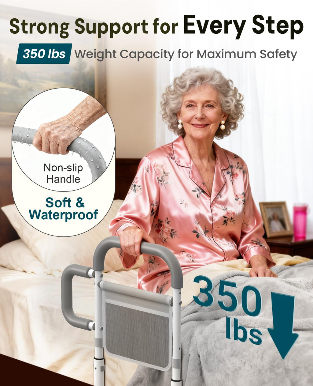 Bed Rails for Elderly Adults Safety, with Double Non-Slip Handle & Storage Pouch, Fits Most Bed Sizes, Bed Assist Rails for Seniors and Post-Surgery,Reduce Falls & Support Independence