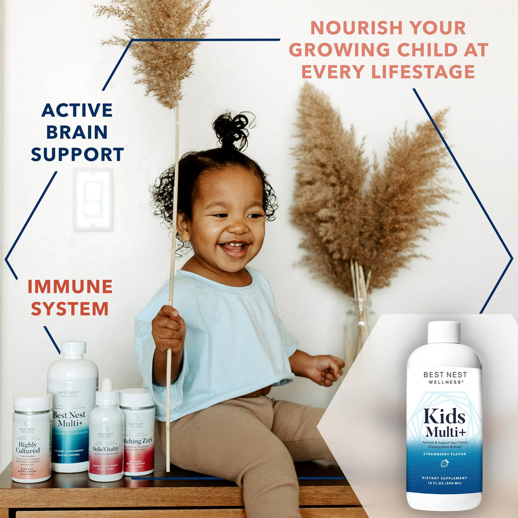 Best Nest Liquid Multivitamins for Kids, Methylfolate, Methylated Vitamins, Whole Food Blend Vitamin, Vegan, Gluten Free, Non-GMO, Strawberry Flavor, 16 oz