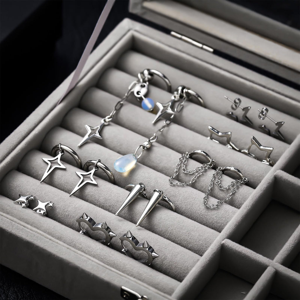 Quelay 8 Pairs Dangle Hoop Earrings for Men Women Punk Y2k Goth Gothic Tassel Chain Drop Star Moon Stud Huggie Earrings Gift(Star Style,Silver)