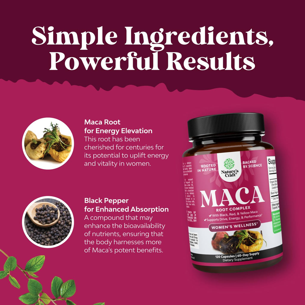 Maca Root Capsules for Women - Potent Herbal Supplement with Female Enhancing Blend of Red Yellow & Black Maca Root - Non-GMO Certified Vegan and Gluten-Free with No Artificial Colors - 120 Count
