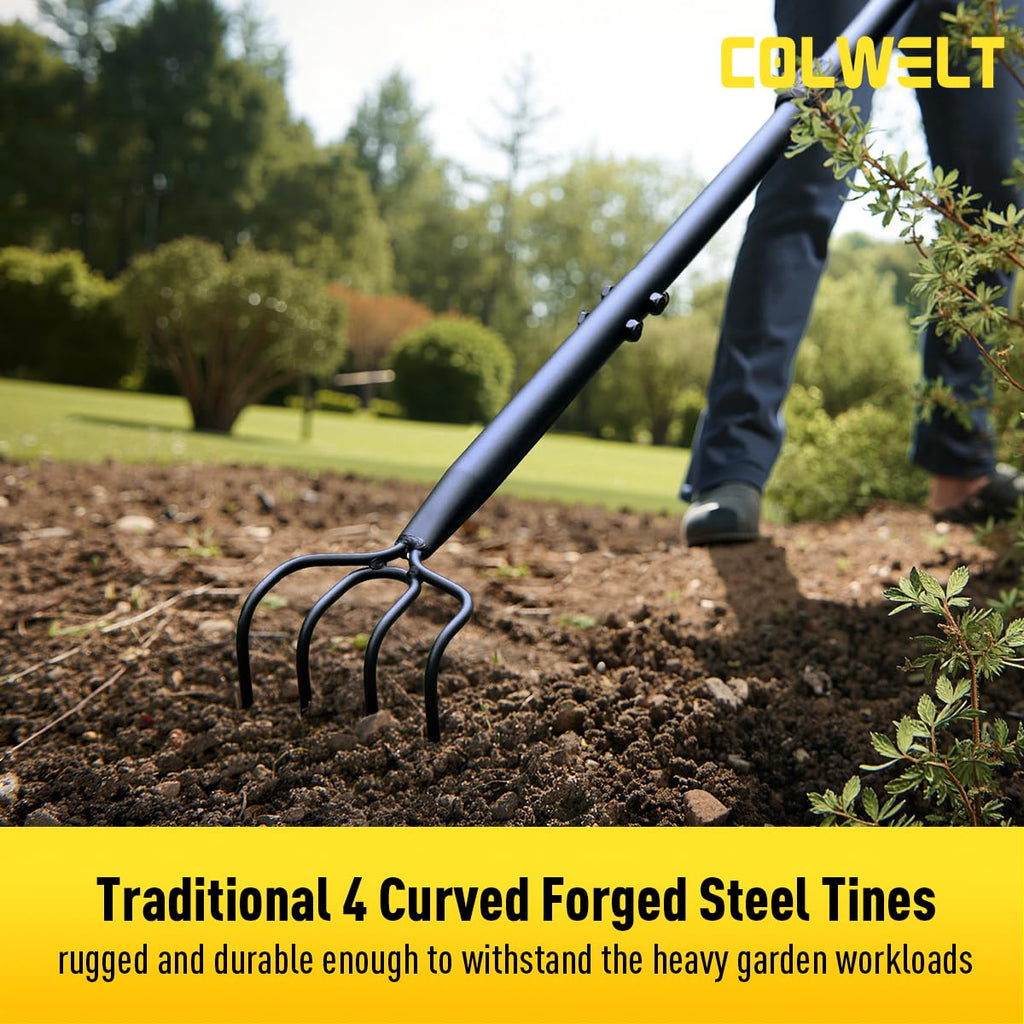Colwelt 4 Tines Garden Cultivator Rake 59'', Hand Tiller Garden Tool with Sharp Forged Steel Head, 4 Tine Cultivators for Gardening with Long Handle, 4 Prong Rake for Digging Loosening Weeding