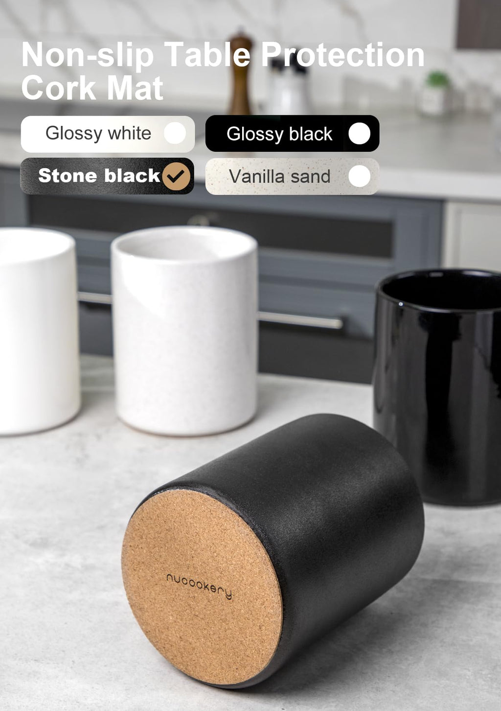 Nucookery Ceramic Kitchen Utensil Holder for Countertop, 6.4" Stone Black