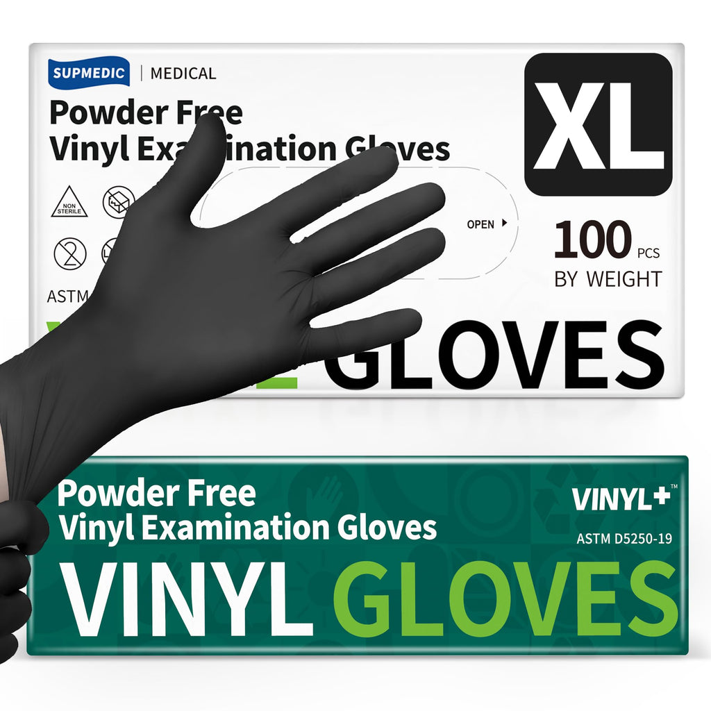 Supmedic Vinyl Disposable Exam Gloves, Black 4 Mil Powder-Free Latex-Free Medical Food-Safe Cooking Cleaning Glove, 100 Pcs (X-Large)