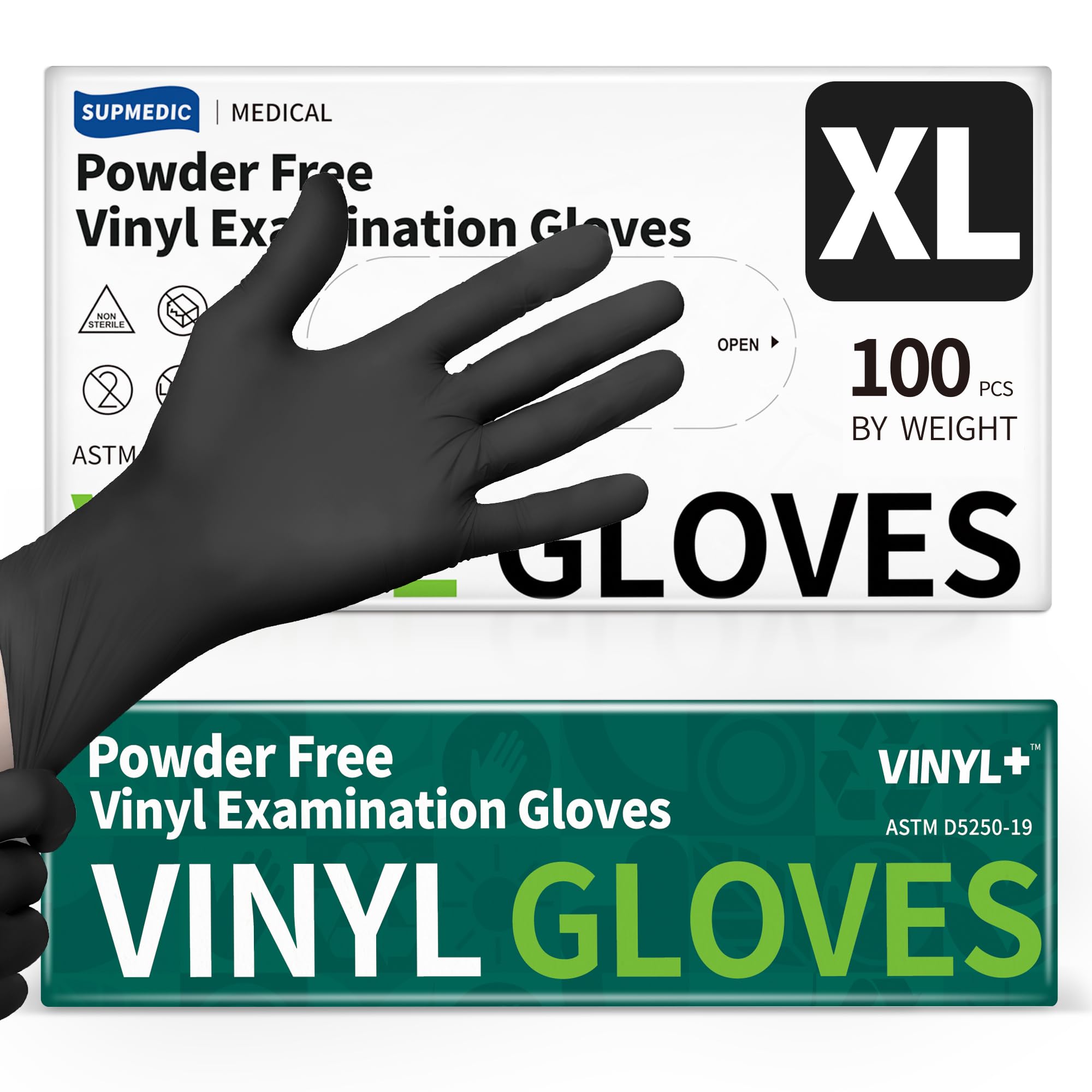 Supmedic Vinyl Disposable Exam Gloves, Black 4 Mil Powder-Free Latex-Free Medical Food-Safe Cooking Cleaning Glove, 100 Pcs (X-Large)