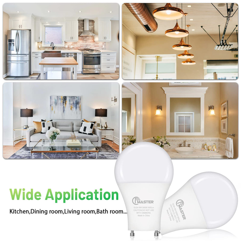 CFMASTER GU24 LED Llight Bulb, 3000K Warm White, 9W(100W Equivalent), 800 Lumens, A19 Shape GU24 LED Bulbs, Twist and Lock GU24 Pin Base with Two Prongs, Non-Dimmable(16-Pack)