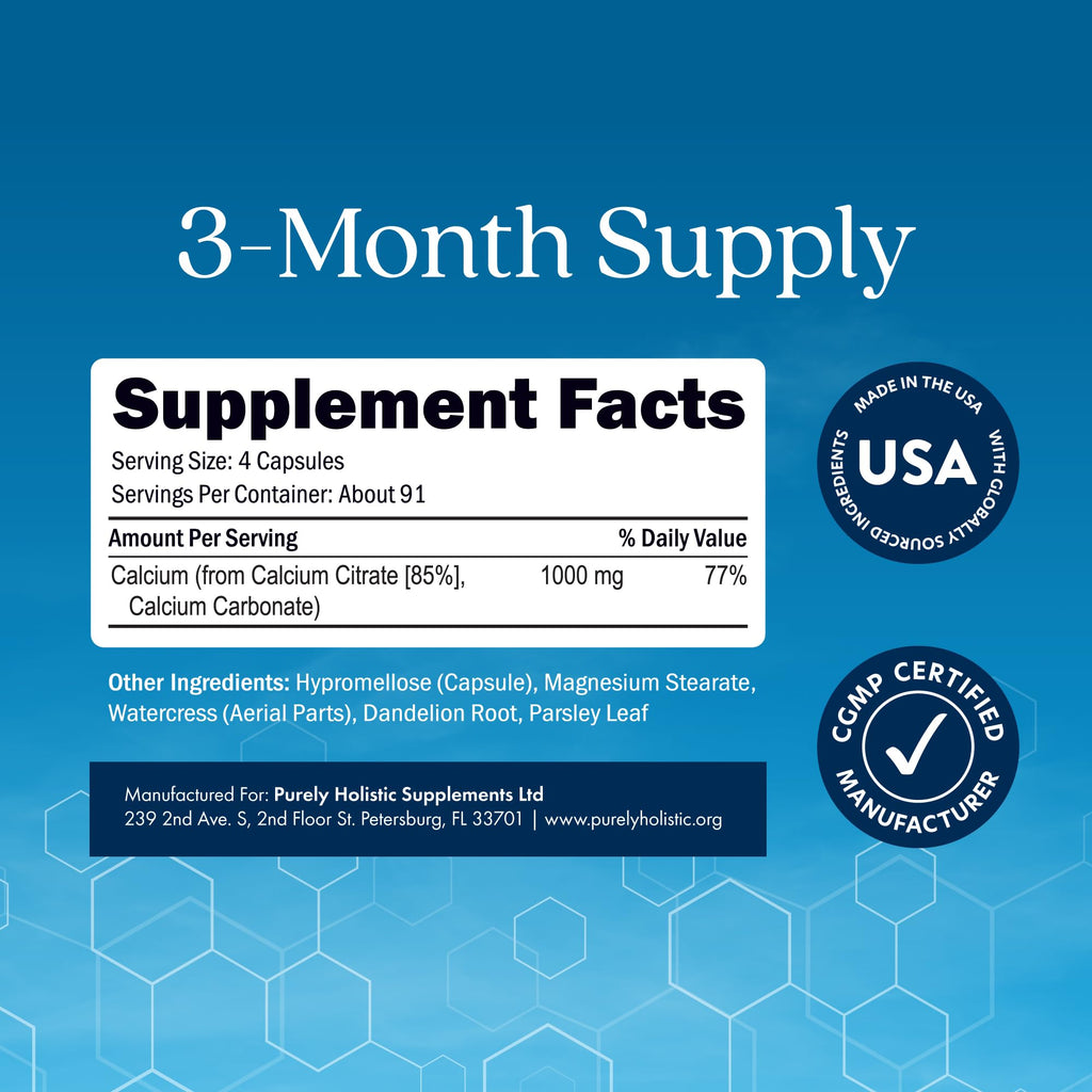 Calcium Citrate 1000mg | Healthy Bone & Teeth Support | High Absorption Cal Citrate | Gentle on Digestion | Vegan & Non-GMO | 3 Month Supply | Calcium Supplements for Women & Men | 365 Capsules