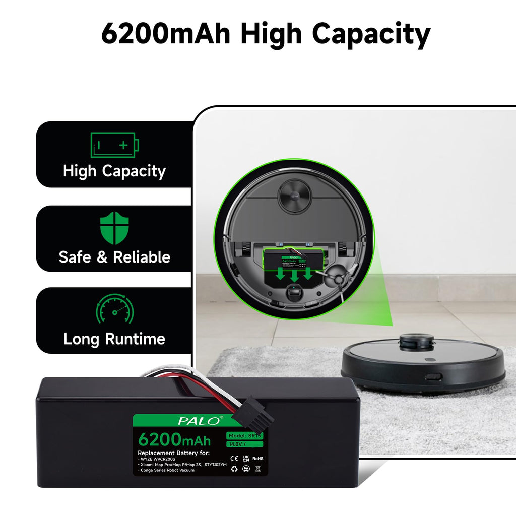 Palowextra 6200mAh Replacement Battery for Wyze WVCR200S Robot Vacuum, for Xiaomi STYTJ02YM, for Xiaomi Mop Pro/Mop P/Mop 2S Robot Vacuum
