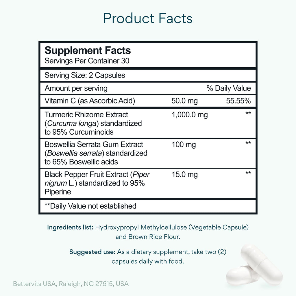 Bettervits Turmeric Curcumin Supplement with Black Pepper and Boswellia Serrata | Organic 1000mg Turmeric Supplement for Enhanced Absorption and Vitamin C | Joint Support - Non-GMO | 60 Vegan Capsules