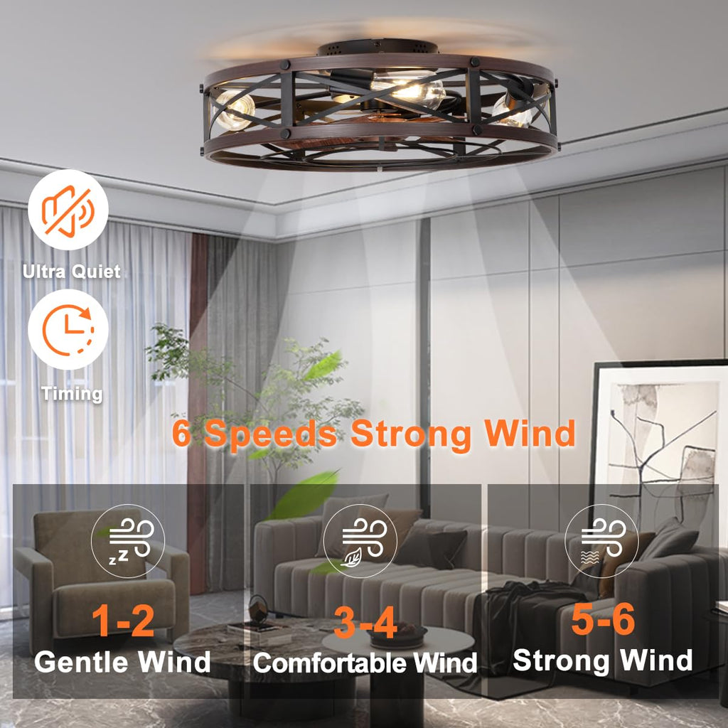 SHLUCE 22" Fandelier Caged Ceiling Fan with Light, Rustic Low Profile Bladeless Ceiling Fans with Lights and Remote, Farmhouse Flush Mount Ceiling Fan with Light for Kitchen, Bedroom, Brown - ETL