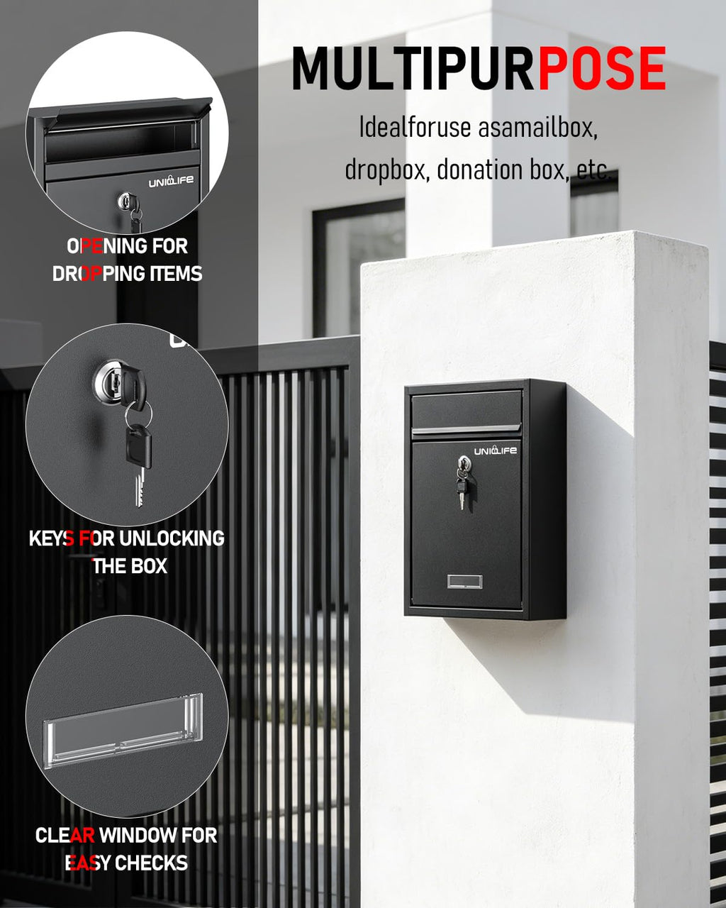 Uniclife Wall Mount Mailbox for Outside, Locking Mail Box, Large Mailbox with Key Lock, Security Mail Box for House, Safe Key Drop Box, Post Box, Steel Cash Drop Box for Home Office School, Black