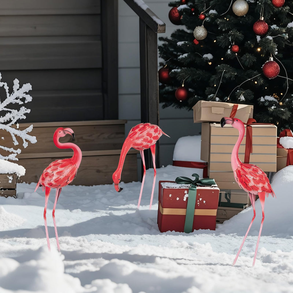 XONOR 3Pcs Flamingo Garden Statues Metal Flamingo Yard Art Outdoor Statues Sculptures for Home Patio Lawn Backyard Décor(Pink&Red)