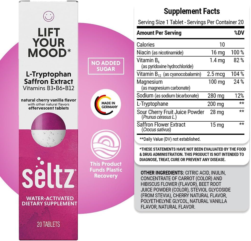 Seltz Mood Support Drink Tablets, Effervescent L-Tryptophan with B Vitamins