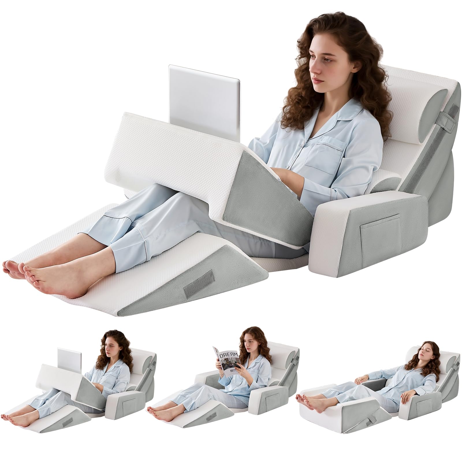 Paxato 9PCS Wedge Pillow Set for After Surgery Recovery, Adjustable Memory Foam Neck Pillow, Foam Leg Pillow, Relieves Neck, Leg Pain, Sleep Apnea, and Functions as a Reading Pillow, Gray