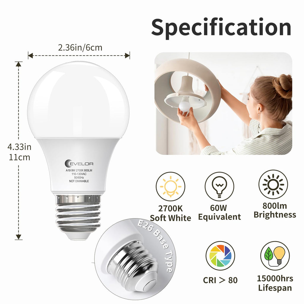 evelor A19 LED Light Bulbs,60 Watt Equivalent,Soft White 2700K,4-Pack