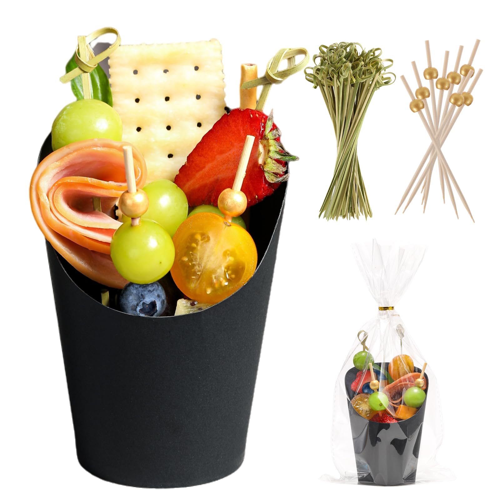 Disposable Charcuterie Cups 60 PCS with 200PCS Sticks and 60PCS Bags, 14 oz Kraft Paper Snack Boxes Appetizers Cup French Fry Holder with Cocktail Skewers Toothpicks Tooth Picks, Black
